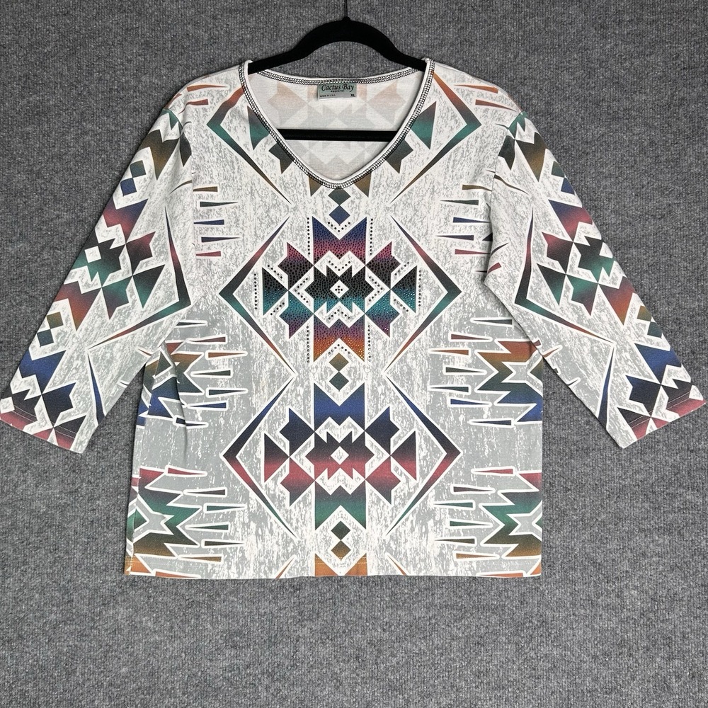 Cactus Bay Top Southwestern Native Print Size Xl Rhinestones Colorful 3/4 Sleeve